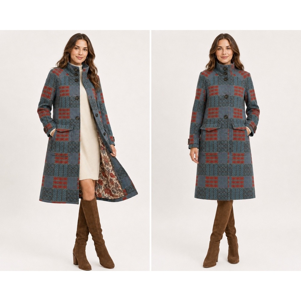 Sundance XS Wool Blend Plaid Long Coat Teal Red Boho Cottagecore Artsy Statement
